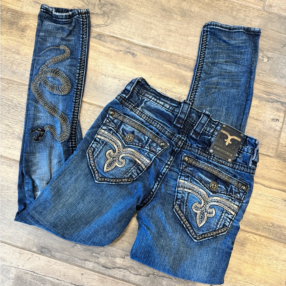 Rock Revival Boylston Alt straight distressed Jeans snake Embroidered Design